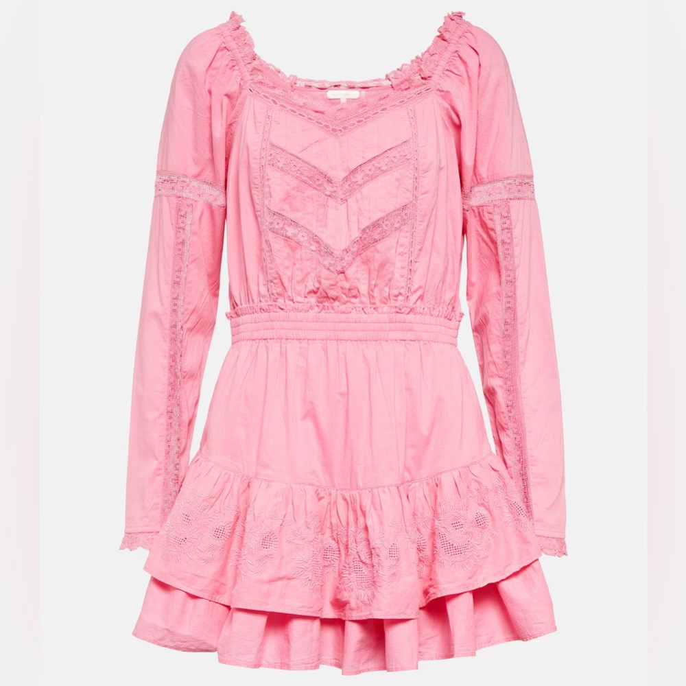 Loveshackfancy Pink Sanaya Lace Trimmed Ruffle Mini Dress Long Sleeve